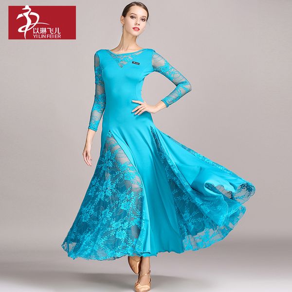 

lace ballroom skirts women pure color long sleeve modern waltz ballroom dance competition dresses tango standard costumes, Black;red