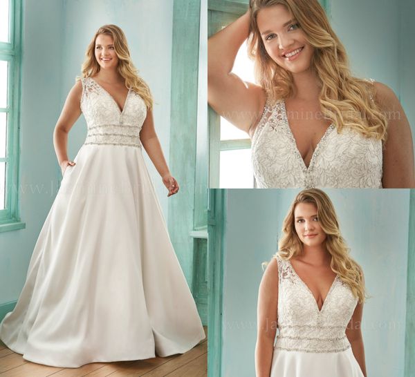 

2019 plus size wedding dresses beaded lace appliqued a line floor length v neck country bridal gowns belt beach wedding dress garden style, White