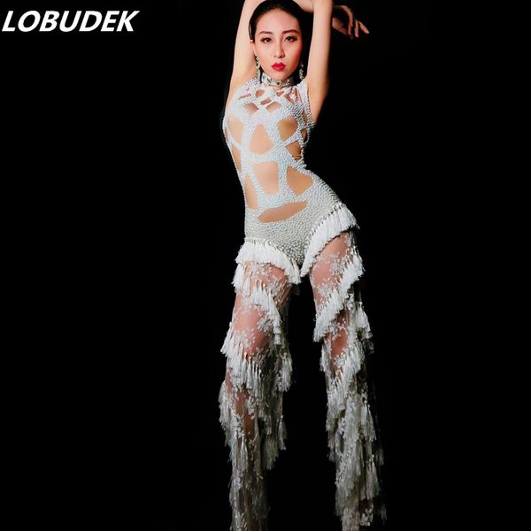 

novelty leotard female costumes tassel shining crystals high stretch jumpsuit bar singer dancer dj performance nightclub, Black;white