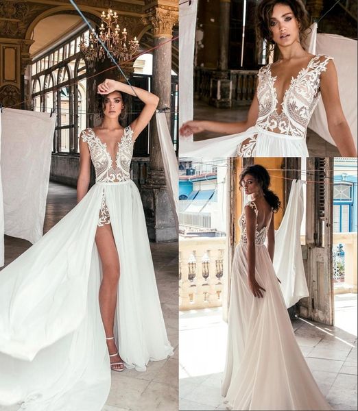 

new lace bohemian beach wedding dresses bridal gowns lace leeveless chiffon a line vestidos de novia high slit bc0277, White