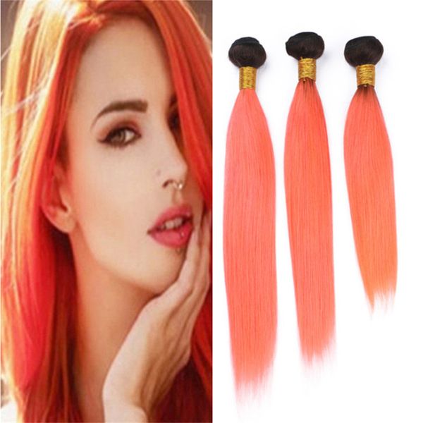 Two Tone 1b Orange Ombre Indian Human Hair Weave 3 Bundles Silky