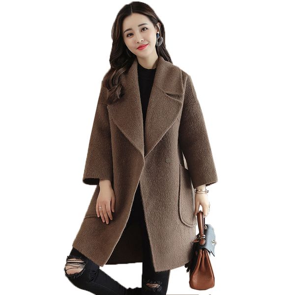 

2018 new elegant autumn winter woolen jacket women's warm jacket long korean woolen coat temperament slim women's coat, Black