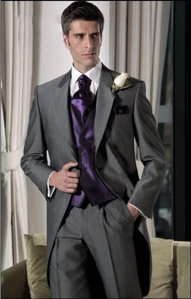 

new design dark grey tailcoat groom tuxedos morning style men wedding wear excellent men formal prom party suit(jacket+pants+tie+vest) 947, Black;gray