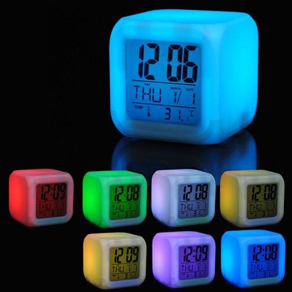 

7 led colors changing digital alarm clock desk gadget digital alarm night glowing cube lcd clock (color: white