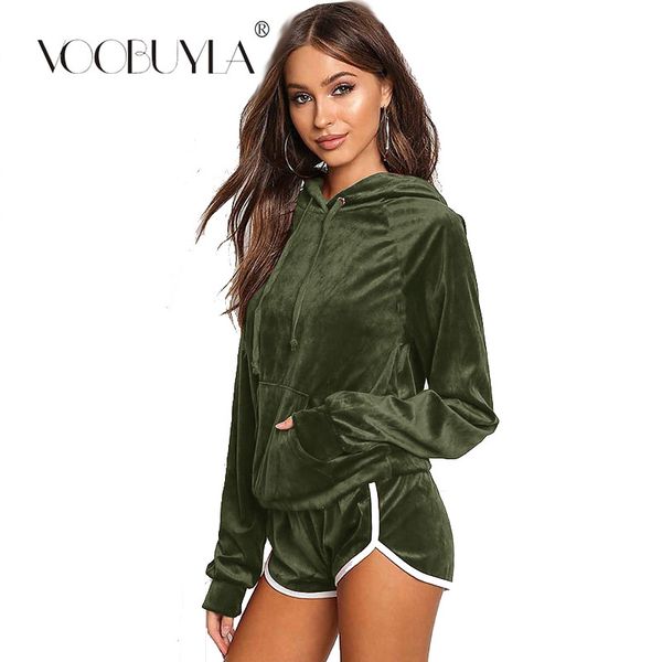 

voobuyla 2018 autumn women sport suit running set solid fitness yoga set tracksuits hooded sweatshirts+shorts 2pcs sportswear, Black;blue