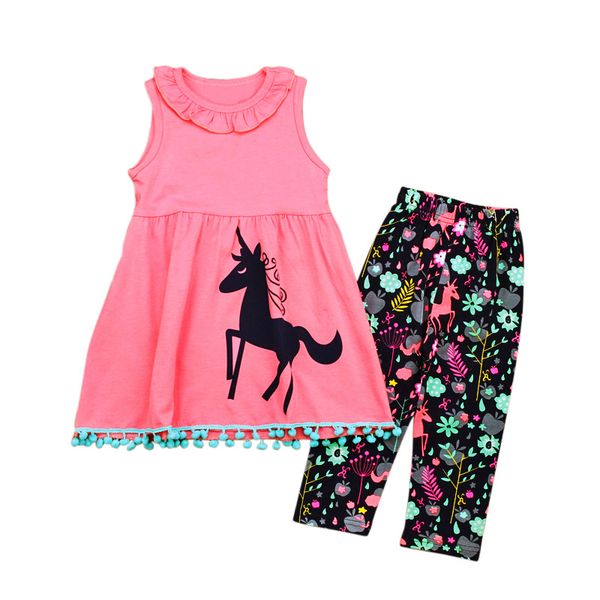 

summer girl unicorn dresses suit sleeveless vest long black floral pants ins children 2pcs set european and american, White
