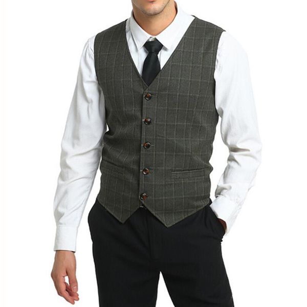 

men vintage plaid suit casual business classic blazer vests male waistcoat england slim bandage button party, Black;white