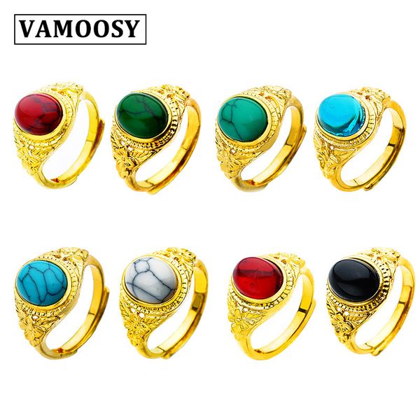 

vamoosy 2018 fashion carving pattern simulation natural stone vintage rings for women femme ring vintage statement jewelry gift, Golden;silver