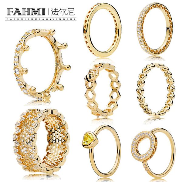 

fahmi 100% 925 sterling silver 1:1 glamour 18k gold shining series magic crown hollow ring honeycomb honey ring women original, Slivery;golden