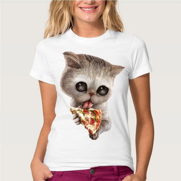 

2017 summer fashion women's short sleeve super cute cat loves pizza print t-shirt funny cat girl cool hipster tees, White