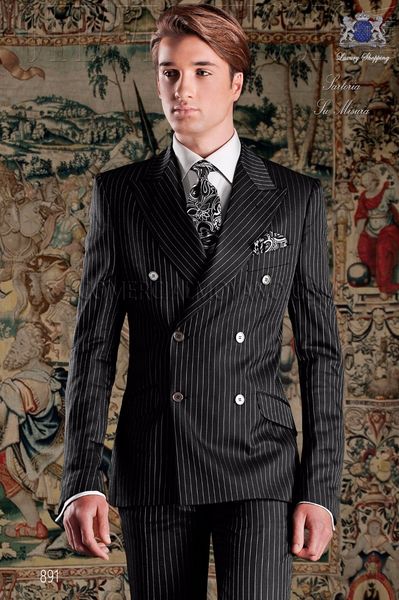 

custom design men's business suit peaked lapel double breasted stripe groom tuxedos men party groomsmen suits(jacket+pants+tie+vest)no;, Black;gray