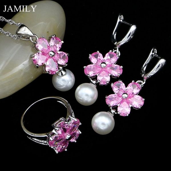 

jamily 925 sterling silver jewelry sets pink stone white pearl beads necklace/earrings/ring/pendant cute accessories for women, Slivery;golden
