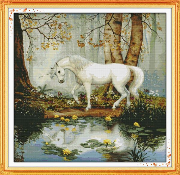 Dipinti decorativi sul lato del lago del cavallo bianco, strumenti artigianali a punto croce fatti a mano ricamo set di ricamo contato stampa su tela DMC 14CT / 11CT