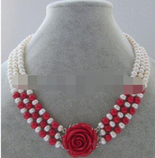 

gt;>>17" 7-8mm natural white freshwater pearl + red coral necklace, Silver