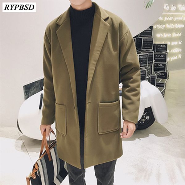 

loose casual wool blend mens coat korean style solid color man autumn winter warm jacket pockets korean male fashion coat, Black