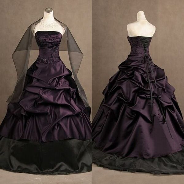 

gothic victorian wedding dresses dark purple and black strapless dress draped embroidery lace appliques corset back bridal gowns with wrap, White