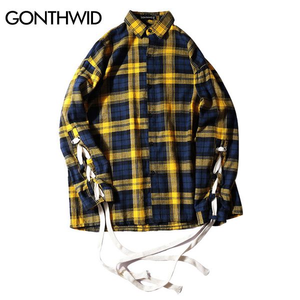 

gonthwid lace-up sleeve plaid shirts 2017 mens hip hop casual long sleeve shirts fashion swag hipster streetwear yellow red blue, White;black