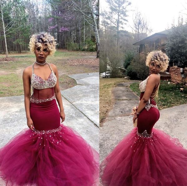 

satin tulle beaded halter burgundy evening dresses open back puffy mermaid prom dresses vestidos de fiesta largos elegantes, Black;red