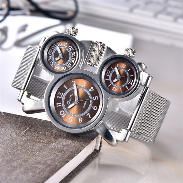 

oulm 1167 men watch mesh steel casual sport watches three time zone unique male quartz clock watch relogio masculino, Slivery;brown