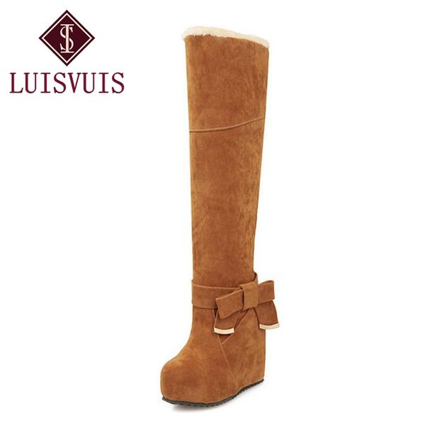 

luisvuis women high wedges boots bowknot platform warm fur shoes women winter over knee boots fashion footwear size 33-43, Black