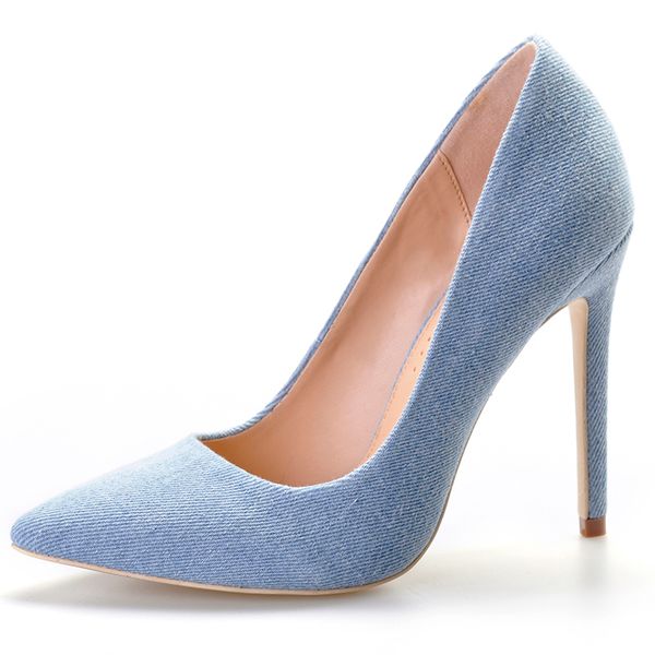 

pink palms spring autumn summer denim shoes with fur pompon high heels pointed toe pumps for women dress party wedding pumps, Black