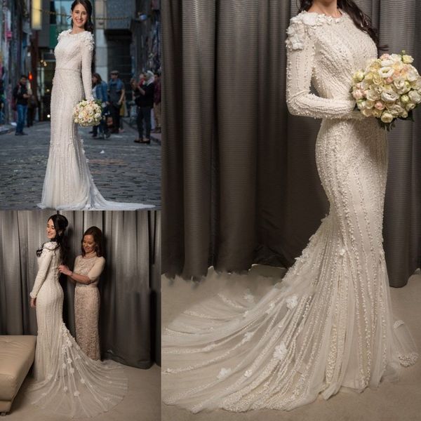 

2018 charming new islamic muslim mermaid wedding dress long sleeve 3d floral applique sweep train bridal gowns custom made, White