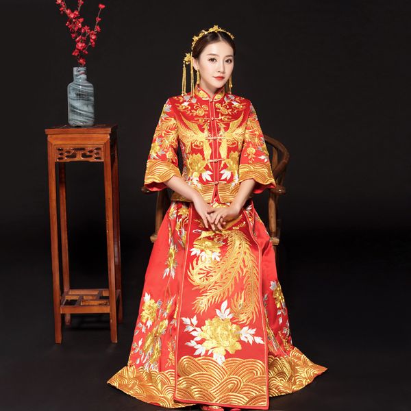 

red embroidery style formal dress royal phoenix wedding cheongsam costume bride vintage chinese traditional tang suit qipao