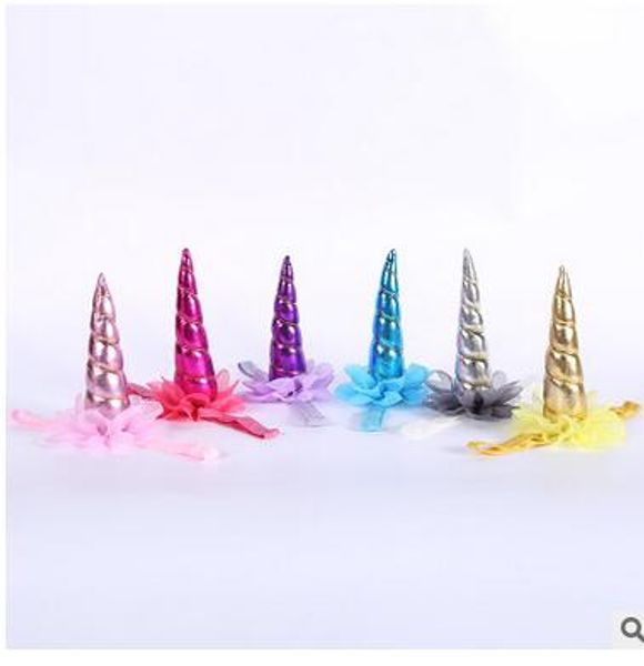 

new children's unicorn headbands with golden horned party animal headbands children's flower gauze net headband many colors, Slivery;white