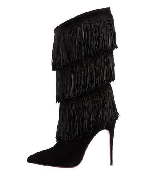 

women tassel boots brown black pointed toe high heel fringe mid calf boots stiletto winter shoes large size street style
