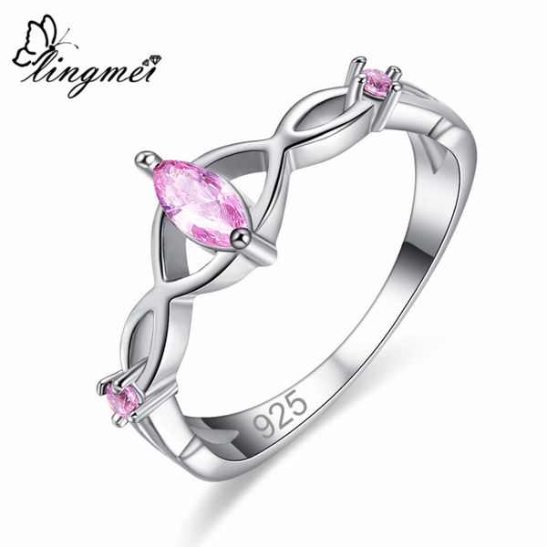 

lingmei 2017 new vogue simple marquisite cut round pink cubic zirconia sier color ring size 6 7 8 9 women jewelry wholesale, Golden;silver