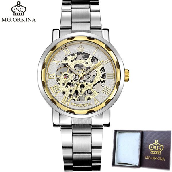 

orkina white gold male clock men relogios skeleton mens watches stainless steel wristwatch men mechanical watch, Slivery;brown