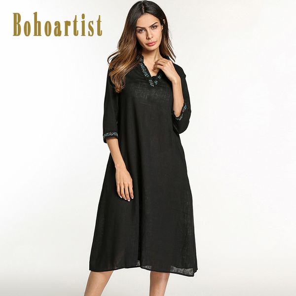 

bohoartist women casual dress spring black embroidery patchwork v neck fashion a-line bohemain folk custom women dress 2018 new, White;black