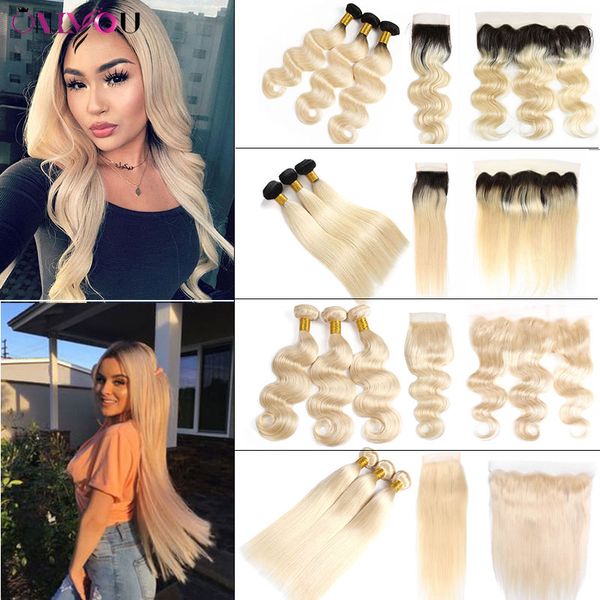 

onlyouhairÂ® 1b 613 ombre human hair bundles with closure brazilian virgin hair body wave straight 613 blonde 3 bundles with lace frontal, Black;brown