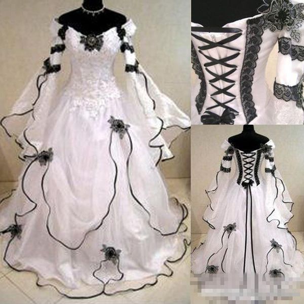 

vintage plus size gothic a line wedding dresses with long sleeves black lace corset back chapel train bridal gowns for garden country, White
