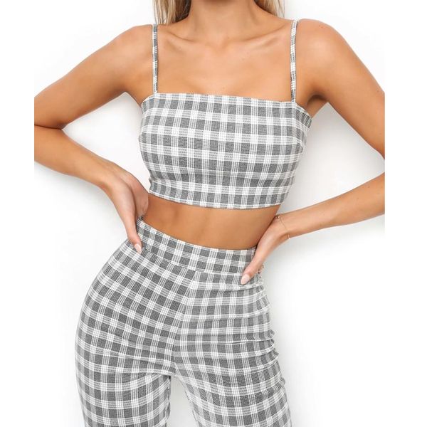 

Sexy New Fashion Casual Women Ladies Pants Plaid Clubwear 2 piece set Summer Bodycon Party Pants Trousers