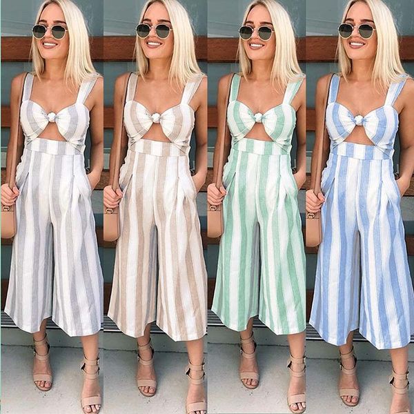 

Women Casual Sleeveless Sexy V Neck Striped Prints One-piece Jumpsuits Playsuit Ladies Wide Leg Long Pants