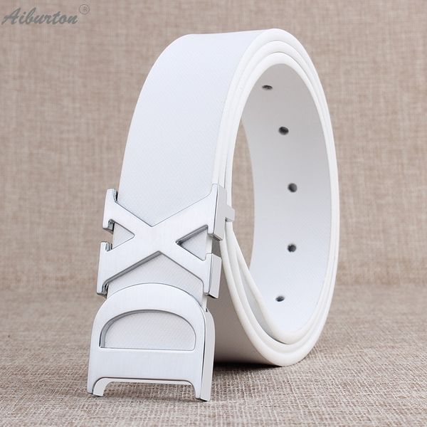 

2016 man belt brand leather designer belts men male belt big letter smooth buckles white black 125cm ceinture homme, Black;brown