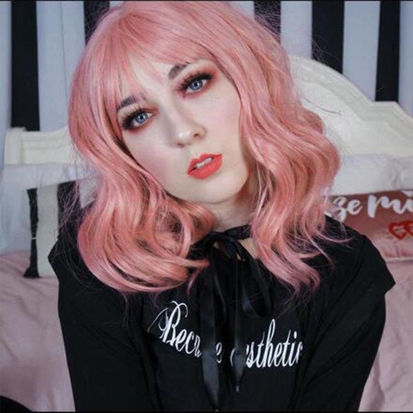 

synthetic 14 inch short pink wavy bob hair with bangs cosplay wig for women, Black;brown