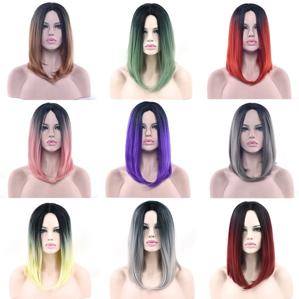 Black To Pink Hair Straight Bob Wigs Synthetic Hair Short Party Hair