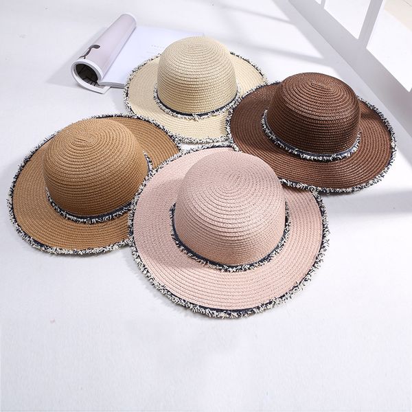 

sun hat women beach summer hat retro denim broken side sunshade cap sunscreen straw bucket ing, Blue;gray