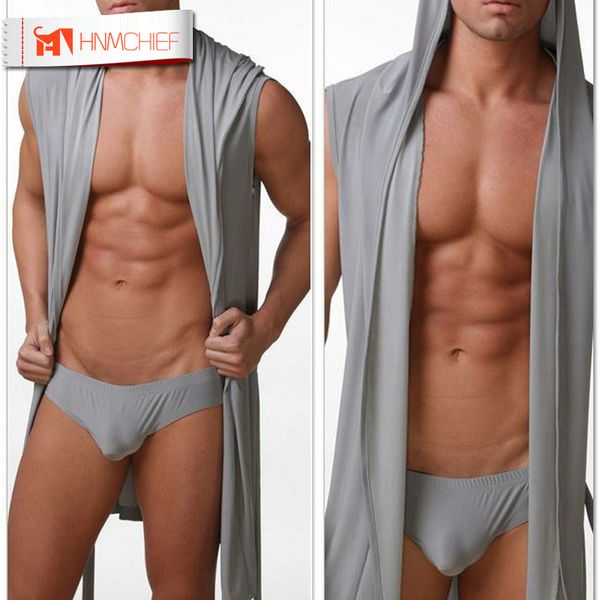 Uomo Sexy senza maniche Sleepwear Robe Accappatoio con cappuccio Pigiama casual Abiti da uomo comodo abito sexy homewear con biancheria intima