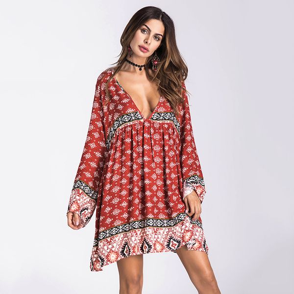 

autumn new bohemia printed long sleeved dress, cotton 0835, Black;gray