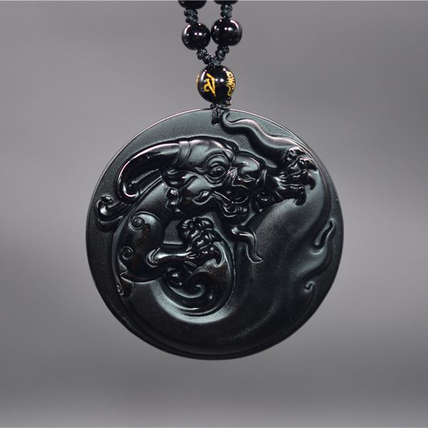 

drop shipping obsidian necklace pendant circle dragon jewelry fine jewrlry, Silver