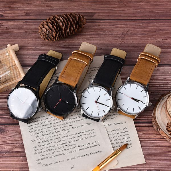

leather band fashion men watches analog quartz round wrist business men's watch creative luxury couple, Slivery;brown