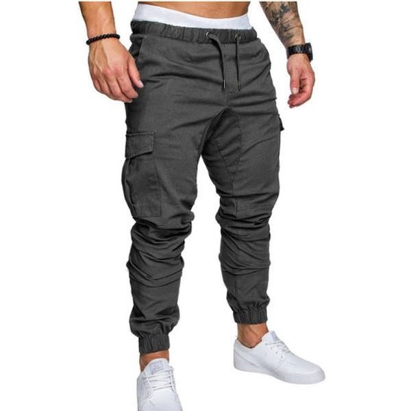 

2018 spring autumn new brand men's pants solid casual many pockets slim pants men men trousers lr244, Black