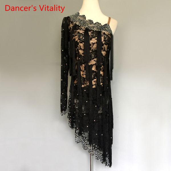 

latin dance dress competition clothes child latin dance performance costumes single shoulder diamond tassel dresses, Black;red