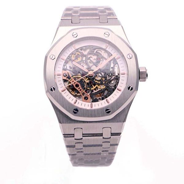 

particular limited royal oak double balance wheel openworked watches stainless steel white dial watch 41mm mens wristwatch, Slivery;brown