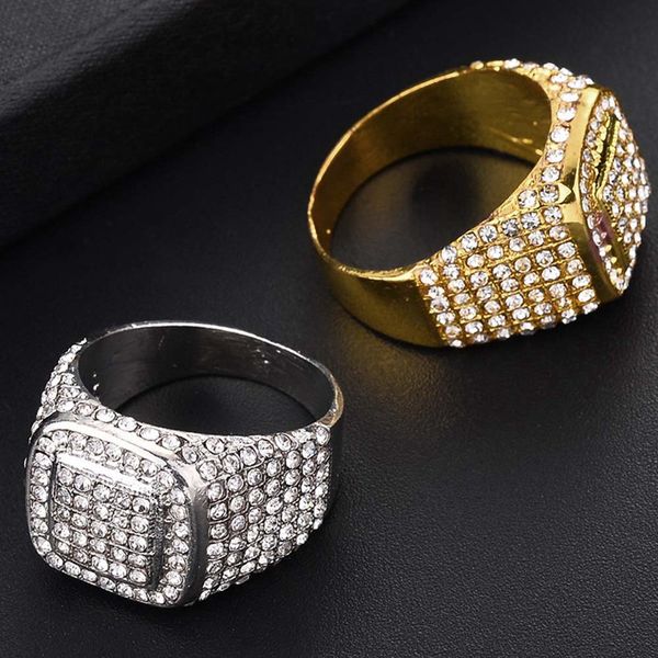 

hip hop bling iced out square crystal ring gold color stainless steel wedding rings for men jewelry us size 6-10, Golden;silver