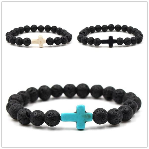 

9colors natural black lava stone beads elastic cross bracelet essential oil diffuser bracelet volcanic rock beaded bracelet