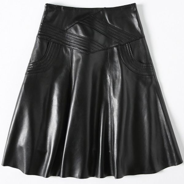 

2018 new fashion genuine sheep leather skirt h9, Black